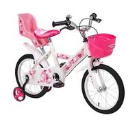 Baroni Toys Bicicletta Bambine Rosa con Design Sile Cuori con Ruote Tassellate, Porta Bambola e Rotelle Incluse, Bici Bambini da 4 a 7 Anni in Acciaio con Cestino, Rosa, Cuori, Misura 14"