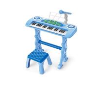 Baroni Toys Tastiera Elettronica con Sgabello per Bambini 3+ Anni con Microfono, Pianola Musicale con Melodie e Suoni Educativi, Tastiera 37 Tasti con Sedia Azzurra, 48x20x53cm