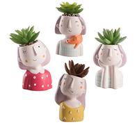 Baroni Vaso Testa Girl con pianta Artificiale. Set 4 sculture Colorate in Ceramica 8X7X14 cm