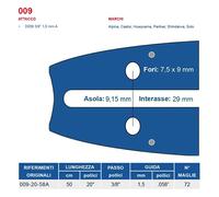 Barra Motosega 50 Cm 20" Passo 3/8"Spessore 1.5 Mm 058" Attacco 009, 72 Maglie