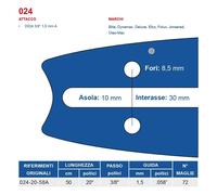 Barra Motosega 50 Cm 20" Passo 3/8" Spessore 1.5 Mm 058" Attacco 024, 72 Maglie
