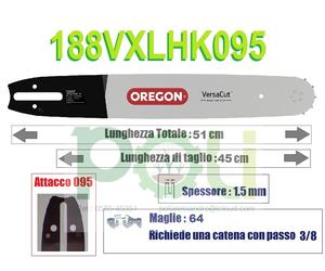 BARRA OREGON 188VXLHK095 VERSA CUT 45CM PASSO 3/8 x SPESSORE 1,5mm x 64 MAGLIE