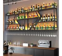 Barra per vino a parete montata con luce a led, ripiani a bar mobili con supporto in bicchiere di vino appeso, scaffale per il display in bottiglia di liquore, portapacing per vino in metallo,