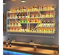 Barra per vino a parete montata con luce a LED, supporto in bicchiere di vino appeso, scaffale a barre di ferro, ripiani a parete galleggiante, stivaletta da vino in metallo, scaffale a liquore,