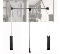 Barre de penderie escamotable réglable avec poignée télescopique et matériel de fixation. Tube en acier robuste, boîtier en plastique noir. Supporte jusqu'à 40 kg. Système de levage pour vêtements.