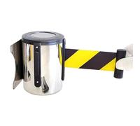Barriera a nastro retrattile con alloggiamento in acciaio inox e accessori di montaggio, barriera a cordone di sicurezza per montaggio a parete