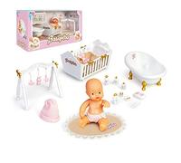 Barriguitas - Set di Accessori in Stile Classico e Bambola Neonato, Include Una giostrina e Una Coperta per Neonati, Una Vasca da Bagno Bianca e Una Culla