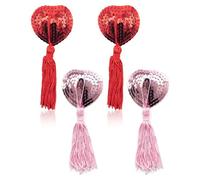 BARRU 2 Paia Adesivi Capezzoli, Copricapezzoli Autoadesivi con Nappa Riutilizzabile Donne Sexy Paillettes Nappa a Forma Cuore per Sccessori per Feste di Coppia(Rosso + Rosa)
