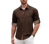 Barry.Wang Camicie da uomo a maniche lunghe con bottoni, camicia formale da lavoro, colletto con polsino a contrasto, camicie casual per feste e matrimoni, Colletto scozzese marrone chiaro, M