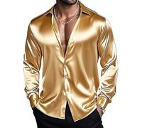 Barry.Wang Camicie da uomo a maniche lunghe, elasticizzate, tinta unita, con bottoni, in raso, formale, casual, business, festa di nozze, Oro Champagne Satinato, S