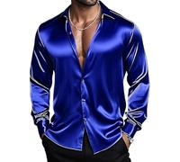 Barry.Wang Camicie da uomo a maniche lunghe, elasticizzate, tinta unita, con bottoni, in raso, formale, casual, business, festa di nozze, Blu Royal Satin, M