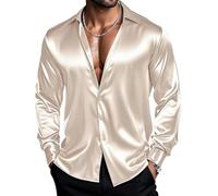Barry.Wang Camicie da uomo a maniche lunghe, elasticizzate, tinta unita, con bottoni, in raso, per occasioni formali, casual, aziendali, matrimoni, feste, Beige, XXL
