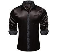 Barry.Wang Camicie da uomo a maniche lunghe, elasticizzate, tinta unita, con bottoni, in raso, per occasioni formali, casual, aziendali, matrimoni, feste, Collare Paisley Nero, M