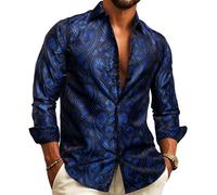 Barry.Wang Camicie da uomo in seta con motivo cachemire intrecciato, con polsino francese, alla moda, per il tempo libero, senza pieghe, Blu scuro, M