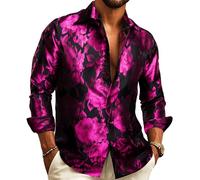 Barry.Wang Camicie da uomo in seta di lusso Paisley grande e alta camicia a maniche lunghe Business festa di nozze rosso nero S-3XL, Nero Magenta, S