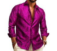 Barry.Wang Camicie da uomo in seta di lusso Paisley grande e alta camicia a maniche lunghe Business festa di nozze rosso nero S-3XL, Magenta, XL