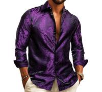 Barry.Wang Camicie da Uomo Paisley in Seta a Maniche Lunghe Camicia Button-Down Grande e Alta Camicia da Moda Tempo Libero Festa di Nozze Party Prom, Viola scuro, XL