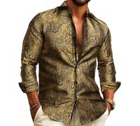 Barry.Wang Camicie da uomo Paisley Tessuto Fiore di Seta Camicie Francese Polsino Moda Tempo Libero Rughe, Oro e Grigio, M