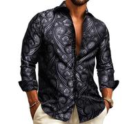 Barry.Wang Camicie da uomo Paisley Tessuto Fiore di Seta Camicie Francese Polsino Moda Tempo Libero Rughe, Nero grigio, M