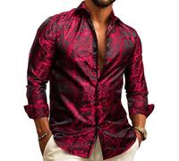 Barry.Wang Camicie eleganti da uomo in seta paisley a maniche lunghe con bottoni taglie forti camicia moda tempo libero matrimonio festa ballo di fine anno, Borgogna, M