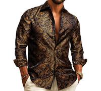 Barry.Wang Camicie eleganti da uomo in seta paisley a maniche lunghe con bottoni taglie forti camicia moda tempo libero matrimonio festa ballo di fine anno, Nero arancione, M