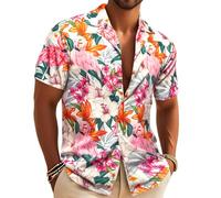Barry.Wang Camicie hawaiane da uomo a maniche corte estive stravaganti floreali con scollo a cubo, per vacanze e, Fenicottero floreale bianco, XL