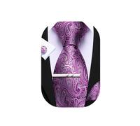 Barry.Wang Cravatta da uomo con motivo cachemire, motivo scozzese, a righe, floreale, setosa, fazzoletto quadrato e gemelli, set di clip per feste, Viola bianco nero, Taglia unica