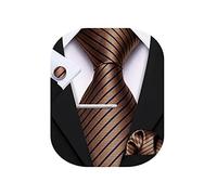 Barry.Wang Cravatta da uomo in seta con fazzoletto gemelli a strisce plaid set di cravatte cerimonia nuziale, caffè, Taglia unica
