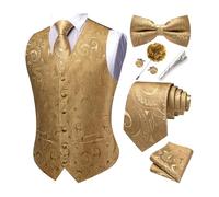 Barry.Wang Gilet da uomo con motivo cachemire formale, cravatta, papillon, clip jacquard, gemelli da bavero, spilla da matrimonio, 8 pezzi, Oro, M