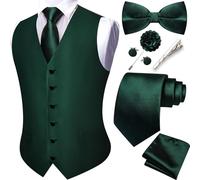 Barry.Wang Gilet da uomo con motivo cachemire formale, cravatta, papillon, clip jacquard, gemelli da bavero, spilla da matrimonio, 8 pezzi, Verde smeraldo, XL