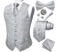 Barry.Wang Gilet da uomo con motivo cachemire formale, cravatta, papillon, clip jacquard, gemelli da bavero, spilla da matrimonio, 8 pezzi, Argento, 3XL