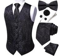 Barry.Wang Gilet da uomo con motivo cachemire formale, cravatta, papillon, clip jacquard, gemelli da bavero, spilla da matrimonio, 8 pezzi, Motivo cachemire nero., XL