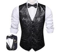 Barry.Wang Gilet da uomo con paillettes, gilet, papillon con risvolto, con scollo a V, per feste di fine anno, smoking, matrimoni, taglie S-3XL, Nero , L