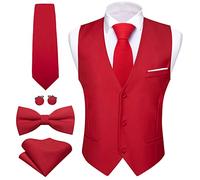 Barry.Wang Gilet da uomo formale, slim fit, da lavoro, in tinta unita, con cravatta e papillon, set per cerimonie nuziali, Rosso, L