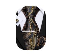 Barry.Wang - Set con cravatta da uomo in seta stile plaid, con fazzoletto e gemelli, a righe, per matrimoni e feste, 3 pezzi, Oro nero, Taglia unica