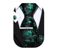Barry.Wang Set di cravatte da uomo con motivo floreale, gemelli quadrati da taschino, clip classica da uomo, in seta, set da 4 pezzi, per feste di nozze e, Fiore Nero Verde, Taglia unica