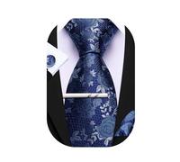 Barry.Wang Set di cravatte da uomo con motivo floreale, gemelli quadrati da taschino, clip classica da uomo, in seta, set da 4 pezzi, per feste di nozze e, Fiore blu e bianco., Taglia unica