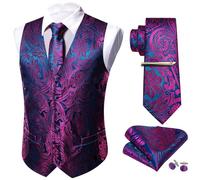 Barry.Wang Set di gilet da uomo formale, con cravatta, fazzoletto, gemelli, clip, gilet, designer 5 pezzi, Viola e blu., XXL