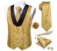 Barry.Wang Set di gilet da uomo in seta Paisley con scollo a U e scialle e cravatta, set da 6 pezzi, per smoking, abito da sposa, taglie S-3XL, Oro, L