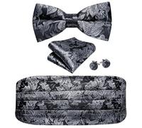 Barry.Wang Set di papillon da uomo, in seta, con papillon prelegato e gemelli quadrati, Fiore d'argento, Taglia unica