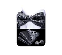 Barry.Wang Set di papillon da uomo pre-annodato in seta paisley cravatta quadrata gemelli per feste di nozze formali, Nero grigio, Taglia unica