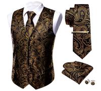 Barry.Wang Set Elegante da Uomo, 5 Pezzi, Gilet, Cravatta, Fazzoletto, Gemelli, Motivo Paisley, Stile Formale, Oro antico., XXL