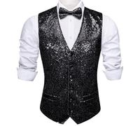 Barry.Wang Set gilet da uomo con paillettes con scollo a V, gilet lucido con papillon, per feste di fine anno, smoking, matrimonio, abito da uomo, taglie S-3XL, Nero , L