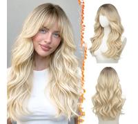 BARSDAR 56cm Layered Body Ondulati Biondo Ombre Parrucca con Curtain Bangs | Butterfly Cut Layered Ondulati, Morbido Sintetico, Aspetto Naturale Lace Scalp, Leggero Traspirante Comodo Fit,Versatile Wear
