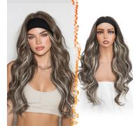 BARSDAR Body Wave Headband Parrucche, Sintetici Lungo Ondulato Headband Parrucca per Donne 66cm Body Ondulato Parrucca Spesse Aspetto Naturale Easy Wear Parrucche, Marrone Cenere con Biondo Highlights