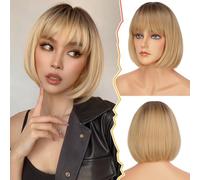 BARSDAR Corto Bob Parrucca con Frangia, Corto Biondo Ombre Bob Parrucca con Frangia per Donna 30cm Chin-Length Sintetici Capelli Parrucche Aspetto Naturale Halloween Festa Biondo Bobs Parrucche