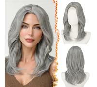 BARSDAR Corto Grigio Layered Parrucca, Shoulder Lunghezza Layered Grigio Parrucche per Donna Lunghezza Media Salt and Pepper Curtain Bangs Parrucca Face-Framing Sintetici Aspetto Naturale Parrucche