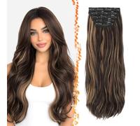 BARSDAR Extension per capelli con clip, lunghezza 60 cm, ondulate, per donne, 5 pezzi, trama in pizzo, voluminosi, sintetici, ondulati, castano scuro con riflessi biondi