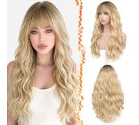 BARSDAR Lunga Ondulato Parrucca con Frangia, 66cm Lunga Ondulato Naturale Bionda Ombre Parrucca con Radici Scuro para Donne Sintetici Capelli Parrucche Aspetto Naturale Textured Face-Framing Parrucche