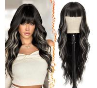 BARSDAR Lunga Ondulato Parrucca con Frangia, 66cm Lunga Ondulato Nero Bionda Highlight Parrucca con Frangia para Donne Sintetici Nero Mix Bionda Capelli Parrucche Dall'aspetto Naturale Parrucche Party